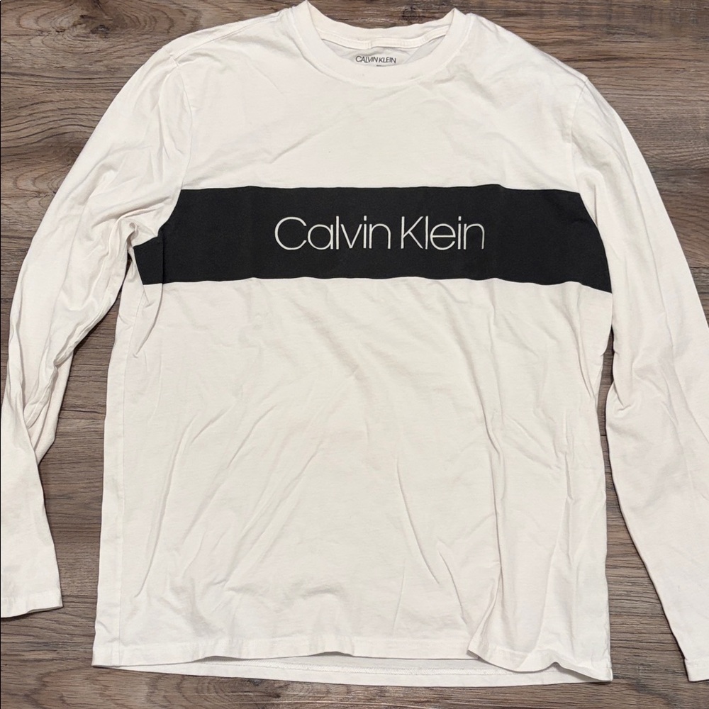Calvin Klein Men's Cream Long Sleeve Tee with Black Stripe
